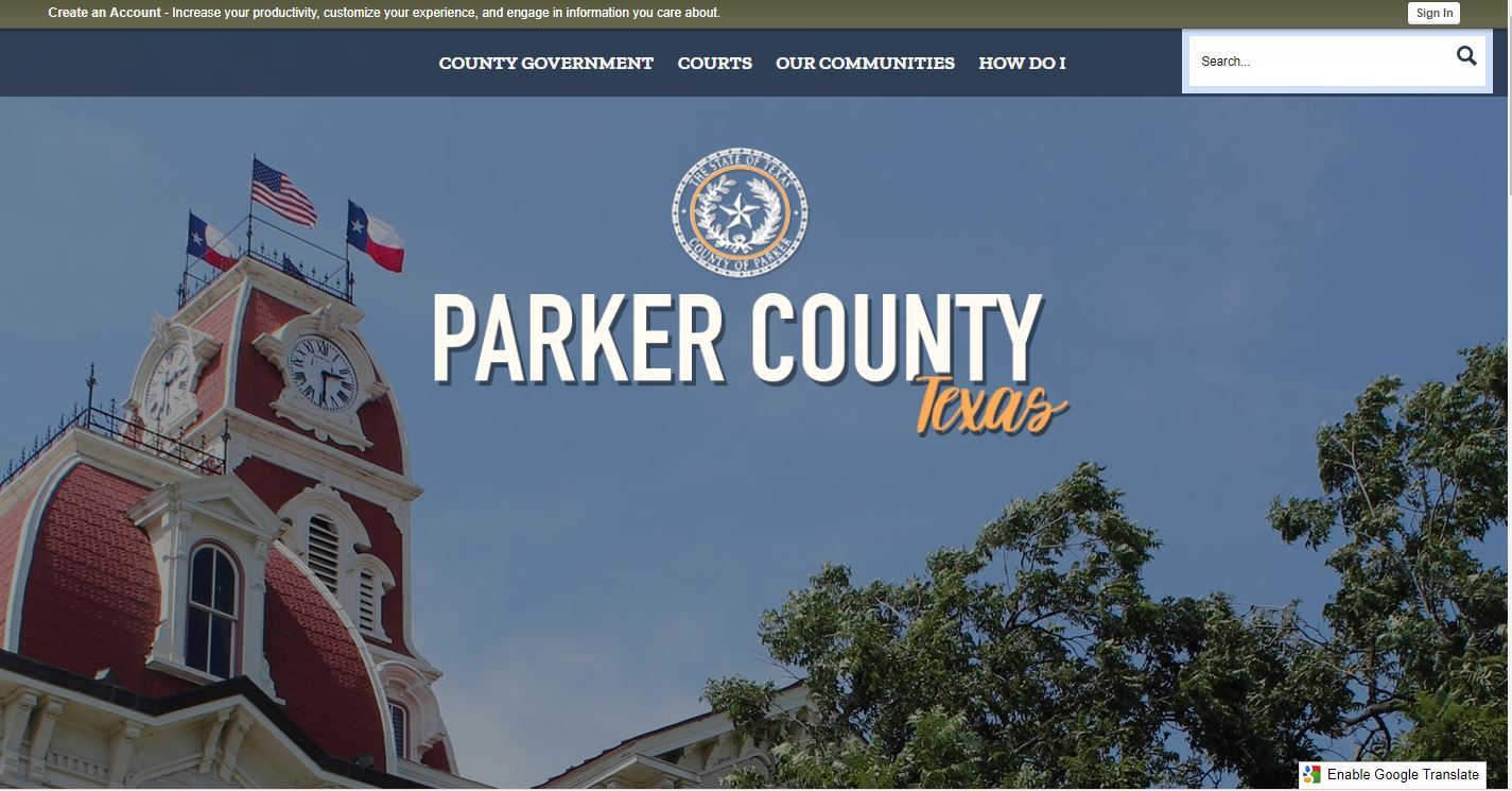 Image of home screen of Parker County's new website design showing the Parker County Courthouse