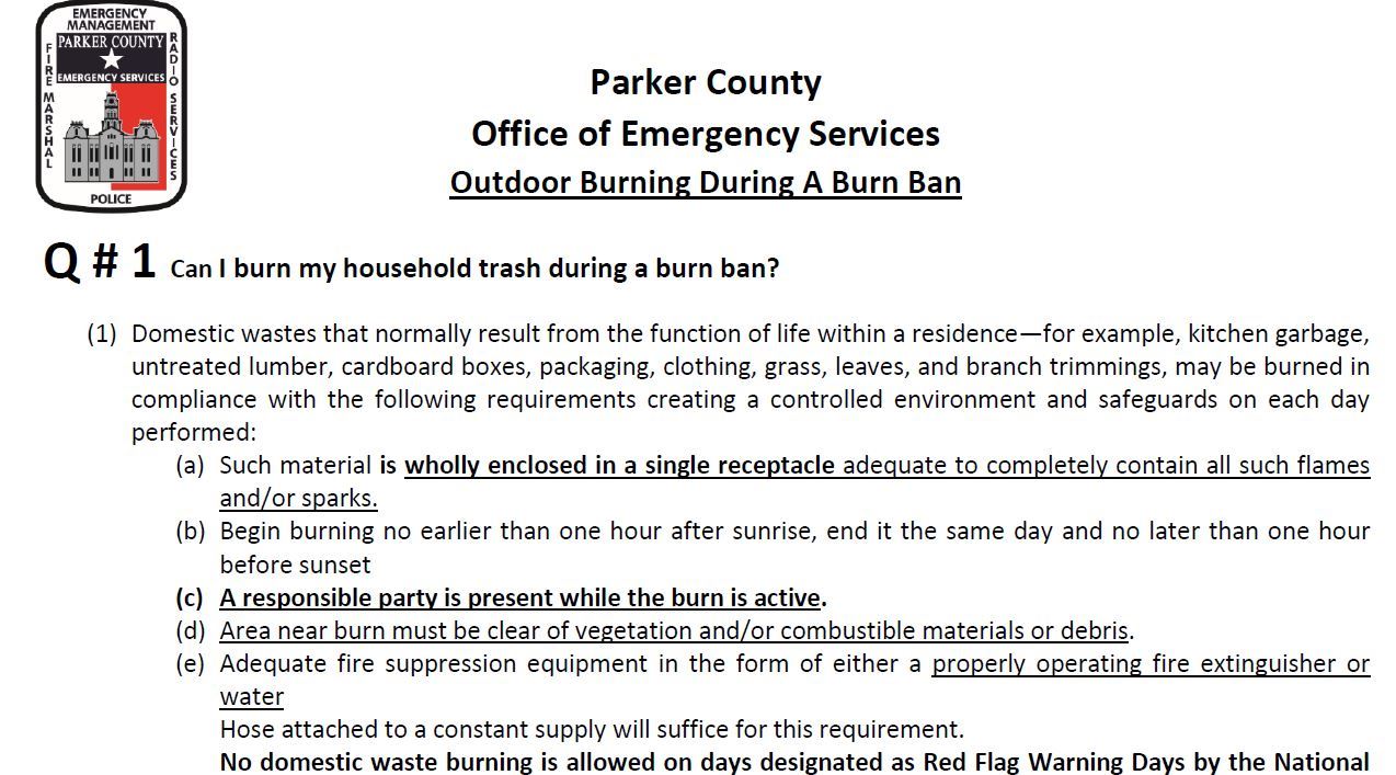 Image of a document with questions and aswers about burn bans in Parker County