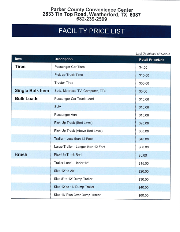 Facility Price List